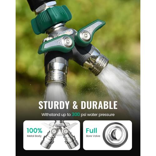 RAINPOINT Garden Hose Splitter 2 Way Heavy Duty, 3/4'' Connector Water Hose Bib Y Spigot Splitter with Shut-Off Valve, 100% Metal Body Full Flow Outdoor Water Faucet Adapter Fittings (1 Pack)