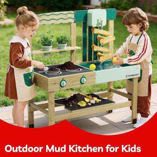 TOP BRIGHT 4 In 1 Mud Kitchen for Kids, Wooden Outdoor Playhouse for Water & Sand Play, Cooking & Gardening Playset with Accessories, Sensory Table Set, Backyard Pretend Play Toy for Boys Girls Ages 3