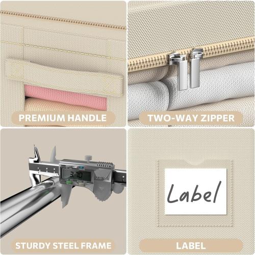 CYhom 3Pack Frame Storage Box - Clothes Storage Bin Bags Oxford Fabric Foldable Stackable Container Organizer Set with Clear Window & Carry Handles (Beige, Medium-44L)