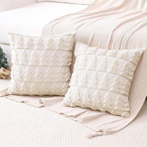 OTOSTAR Set of 2 Soft Plush Short Wool Velvet Decorative Throw Pillow Covers Square Luxury Style Cushion Case Pillow Shell for Sofa Bedroom Christmas Tree Cream Beige, 22x22 Inch