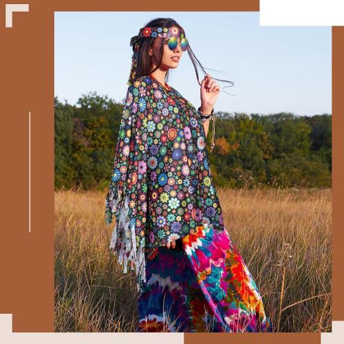 Hicarer 6 Pcs Hippie Costume Accessories Set Includes Headband Poncho Necklace Earrings Sunglasses for Women Girls