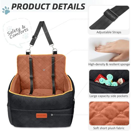 HEGGCOOE Small Dog Car Seat, Memory Foam Dog Booster Seats with Thick Cushion for Medium Dogs Under 35lbs, Detachable Washable Pet Car Seat Travel Bed with Storage Pockets,2 Safety Belts