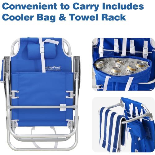 SUNNYFEEL 12.6 High Seat Beach Chair for Adults, High Back 5-Position Lay Flat Reclining Beach Chair with Detachable Cooler Bag, Folding Beach Chair with Cup Holder, Heavy Duty 360 LBS