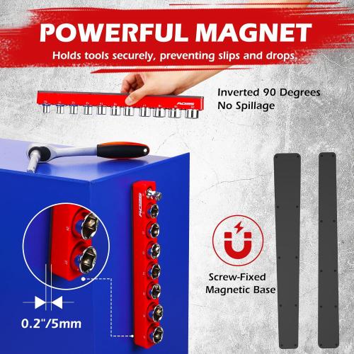 2-Piece 1/2-Drive Metric Magnetic Socket Organizer Set (Holds 19 Sockets) - Detachable Tool Tray with 5mm Magnetic Base, Screw-Fixed Design & Heavy-Duty Modular Storage for Garage/Home Workshop