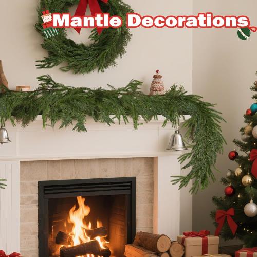 Norfolk Pine Garlands: 6ft Artificial Green Garland for Christmas Decorations - Realistic Greenery Garland for Mantel Fireplace Table Christmas Garland for Indoor Outdoor Holiday Xmas Decor (2Pcs)