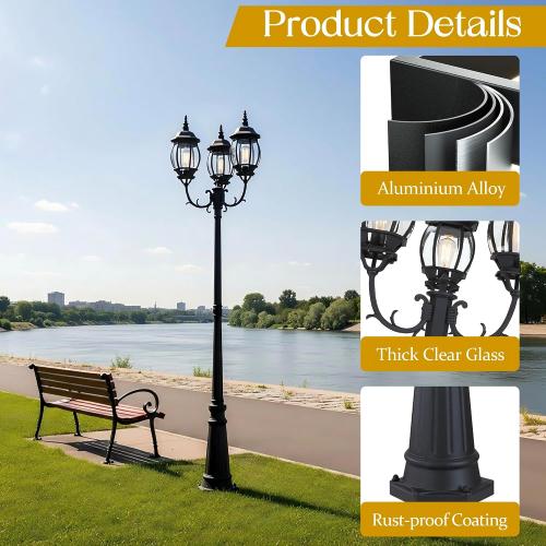 94 Inch 3-Light Post Lantern For Patio Lawn Pathway Triple-Head Post Light For Front Yard Outdoor Street Light 94” Exterior Pole Lights,Aluminium Alloy,Clear Glass Shade,E26(Bulbs Not Included)