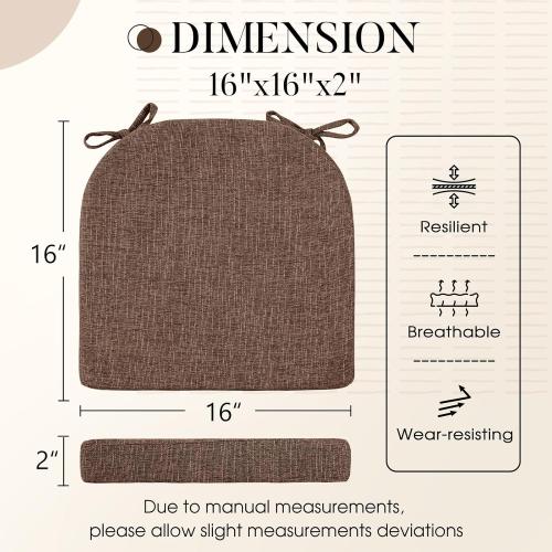 Basic Beyond Chair Cushions for Dining Chairs 4 Pack, Kitchen Chair Cushions with Ties and Non Slip Backing, 16 x 16 inches Chair Pads for Dining Chairs (Brown)