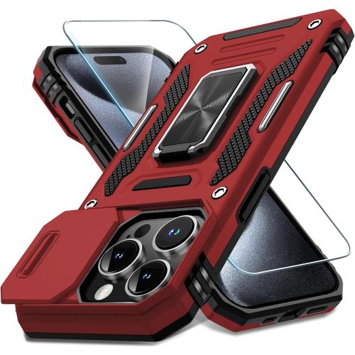DEERLAMN Case for iPhone 15 Pro Max with Slide Camera Cover Screen Protector(1 Pack), Rotated Ring Kickstand Military Grade Shockproof Protective Cover 6.7 Inch-Red
