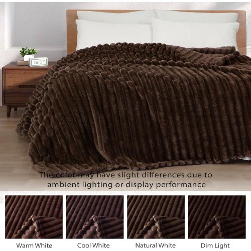 Exclusivo Mezcla Fleece Throw Blanket for Couch, Super Soft Striped Jacquard Bed Blanket, Lightweight Fuzzy Cozy for All Seasons, 50x60 Inches, Coffee