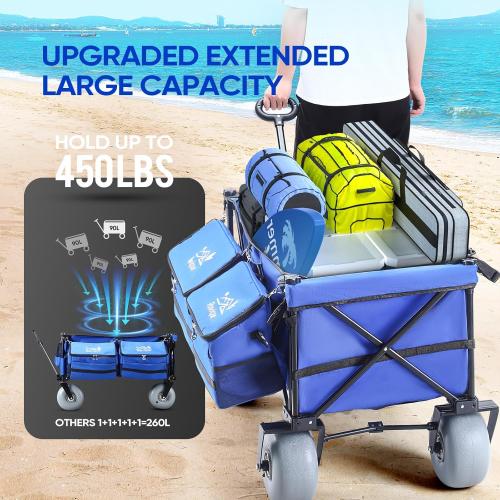 Blue Beach Wagon with Big Wheels for Sand, Extra Large Beach Cart with All-Terrain Balloon Wheels, Heavy Duty Folding Wagon, Adjustable Handle, for Outdoors & Fishing