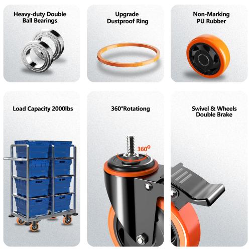 4 inch Stem Caster Wheels 2000lbs, Threaded Stem Casters Set of 4 Heavy Duty,3/8-16 x 1(Stem Diameter 3/8, Length 1), Safety Dual Locking Caster, Industrial Castor Wheels for Cart,Furniture