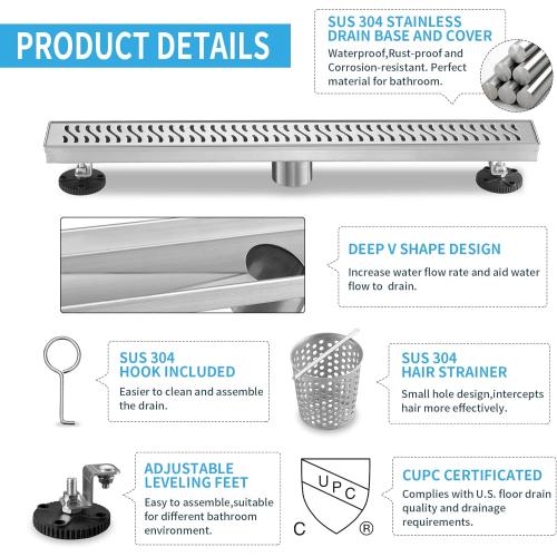 Linear Shower Drain 24 inch, Floor Drain with Removable Pattern Grate, 304 Stainless Steel Rectangular Linear Drain with Hair Strainer, CUPC Certified, Brushed Nickel, SD-103