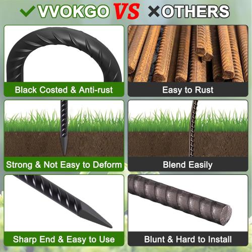 VVOKGO Rebar Stakes 24 Inch J Hook Heavy Duty Ground Anchors (8pcs), 3/8 Inch Diameter Metal Steel Extra Long Fence Stakes with Chisel Point End for Greenhouse, Gazebo, Carport, Camping Tents, Black