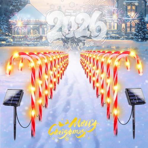IDEAALS 24-Pack Solar Christmas Candy Cane Lights, Solar Pathway Lights Waterproof, Christmas Decorations Outdoor with 8 Modes for Party Patio Garden Lawn Yard Decor