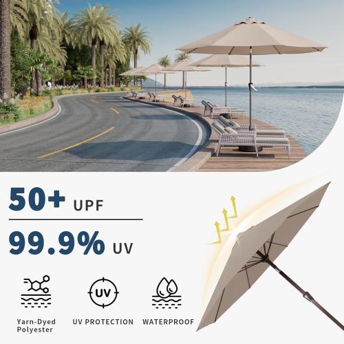 9FT Patio Umbrella with Fiberglass Ribs, Outdoor Market Table Umbrella with Crank and Tilt, UV Resistant Waterproof Canopy for Patio, Garden, Deck, Pool, Beige