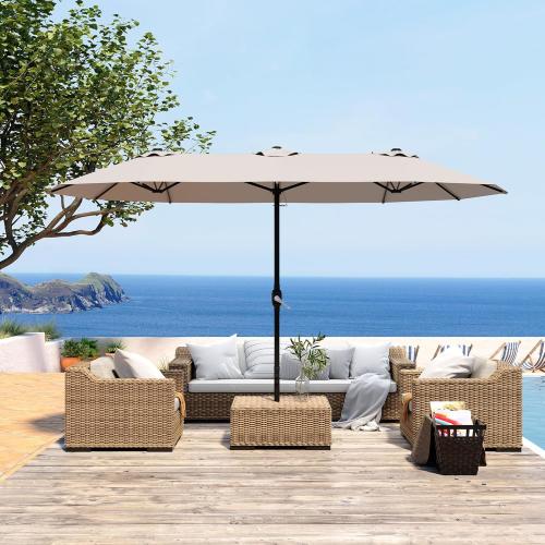 15ft Patio Umbrella with Base,Large Outdoor Double-Sided Rectangle Umbrella with Crank Handle, Market Umbrella for Poolside Garden Deck Backyard Beach Pools, Beige