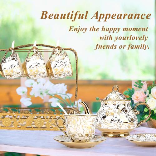20 Pcs Porcelain Tea Set with Metal Holder,European Flower Adult Ceramic Tea Party Set for Women,1000ML Teapot, Beautiful Coffee Tea Cup Set for Home&Party(Gold)