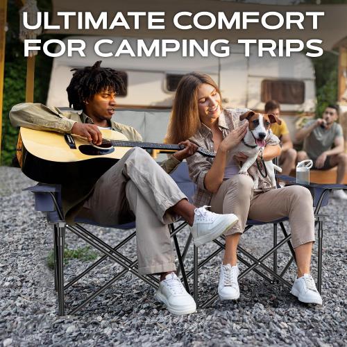 Oversized Fully Padded Double Camping Chair, Portable Folding Loveseat w/Side & Back Pockets, Adjustable Armrests, Double-Sized Cup Holders for Outdoor, Indoor, Supports 530LBS (Dark Navy)