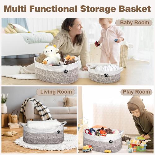 White and Brown Dog Toy Basket, Toy Box and Bin for Dog Cat Storage, 19.7 X 11 X 7.9 (30L) Large Woven Rope Basket for Blanket Storage, Living Room, Bedroom