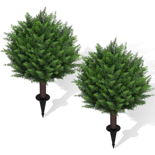 Artificial Set of 2 Cedar Topiary Ball Trees 22 for Outdoors with Ground Spike, UV Resistant Faux Cypress Plants into Anywhere, Evergreen Shrubs Bushes for Room Front Porch Garden Backyard Decor
