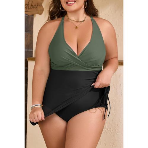 Size L .. One Piece Swimdress Swimsuit Tummy Control Slimming Swim Dress Mesh Drawstring Skirted Bathing Suit