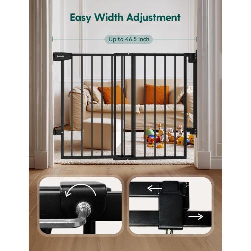 Babelio 29.7-46.5 No Bottom Bar Baby/Dog Gate for Stairs, House and Doorways, Auto Close Safety Pet Gates with Large Walk Thru Door, Hardware Mount, Black