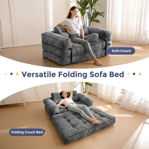 MAXYOYO Folding Sofa Bed, L-Shaped Convertible Sofa Bed with Armrest Foldable Sleeper Couch with Pillow, Portable Fold Out Chair Comfy Floor Couch Lounge for Living Room Bedroom, Dark Grey, Double