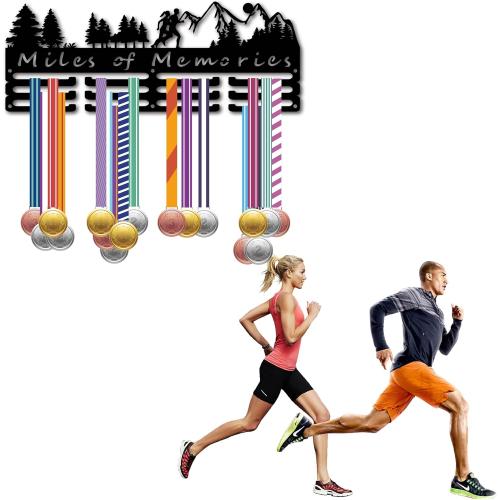 CREATCABIN Medal Hangers Display Holder Rack Sports Metal Hanging Athlete Awards Iron Wall Mount Decor for Over 60  Medals - Running, Marathon, Football - Black - 15.7x5.9 Inch - Miles of Memories