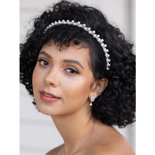 SWEETV Pearl Bridal Headband Handmade Wedding Headbands for Women Silver Rhinestone Hair Band Bridal Headpieces for Wedding Hair Jewelry Accessories