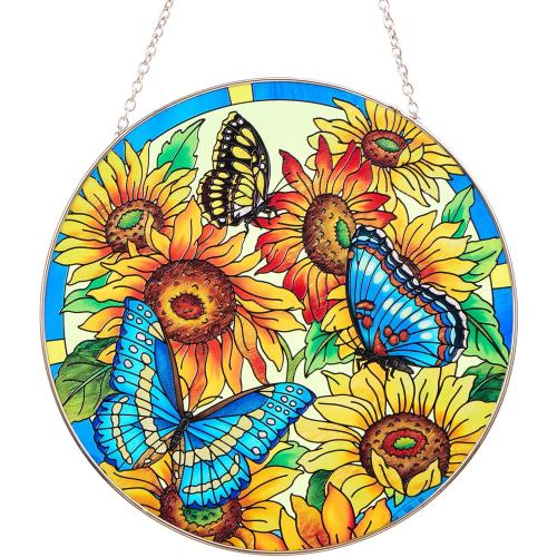 Sunflower & Butterfly Stained Glass Suncatcher, Hand-Painted Tiffany-Style 7.87” Round Window Hanging with Suction Cup & Chain, Unique Glass Art Decor Gift for Mother's Day, Birthday, Grandma