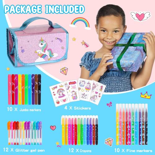 AJLICHIBAN FUN 49 Pcs Fruit Scented Washable Markers Sets with Unicorn Pencil Case, Kids Unicorn Art Supplies & Crafts, Art Coloring Painting Kits, Christmas Unicorn Presents for 4-12 Year Old Girls