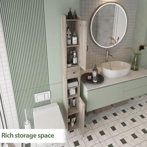 Bathroom Storage Cabinet with Adjustable Shelf, Tall Narrow Cabinet with Retractable Toilet Paper Rod and 8 Storage Compartments, Brown Gray