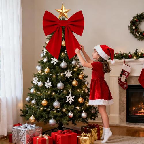 Christmas Tree Topper Bow 16 x 22, Giant Bows Christmas Decorations, Velvet Bow Christmas Wreath for Home Wreath Wall Backdrop Birthday Wedding Party Decor (Velvet Red Bow)