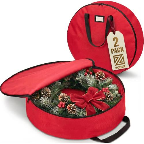 ZOBER 2 Pack Oxford Christmas Wreath Storage Container 30 Inch - Wreath Bag for Artificial Wreaths Box - Waterproof Fabric, Dual Zippered Wreaths Storage Bag With Strong Durable Handles - Red