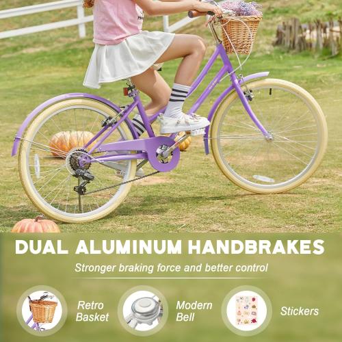Color purple Glerc 20 24 26 Inch Beach Cruiser Bike, 6-Speed Hybrid City Bicycle for Girls Youth and Over 6 Years Old, Missy Bike with Wicker Basket & Lightweight, Multiple Colors