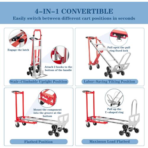 Convertible Hand Truck -1,000 lb Heavy-Duty Aluminum & Steel Dolly, 3-in-1 Mode with Stair-Climbing Wheels & 5 Swivel Casters for Warehouse, Moving, Delivery