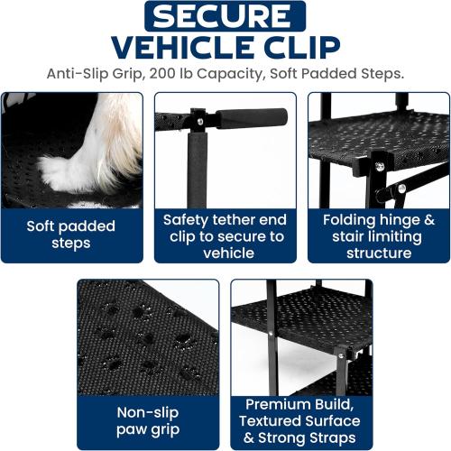 VERALUX Dog Stairs for Large Dogs for Car | 5 Step Foldable Dog Stairs | 200lb Capacity | Non-Slip Rug Steps | XL Lift Assist Harness System | Pet Stairs for Large Dogs | Dog Steps for Truck & SUV