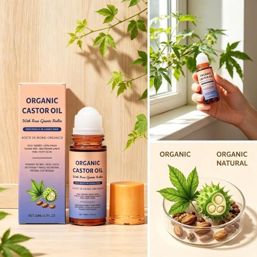Organic Castor Oil with Rose Quartz Roller, 100% Pure Cold-Pressed, Organic Castor Oil Roll On Rose Quartz, Hexane-Free,Amber Glass Bottle for Skin 1.7oz (1 PCS)