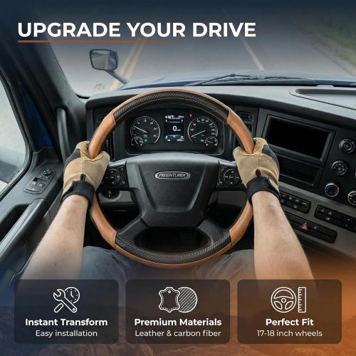 18 Inch Semi Truck Steering Wheel Cover for Freightliner Cascadia, Kenworth T680 T880, Peterbilt 579 & Volvo VNL – Heavy Duty Anti-Slip Leather Grip for Big Rig Class 8 Trucks – Brown