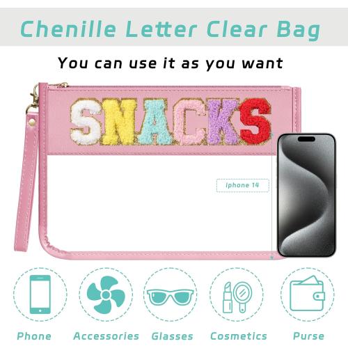 Large Chenille Letter Clear Zipper Pouch for Travel, Nylon Makeup Letter Bag, PVC Waterproof Cosmetic Bag, Snack Bags for Women Girls, Clear Stuff Bags For Travel(Pink-Snacks)