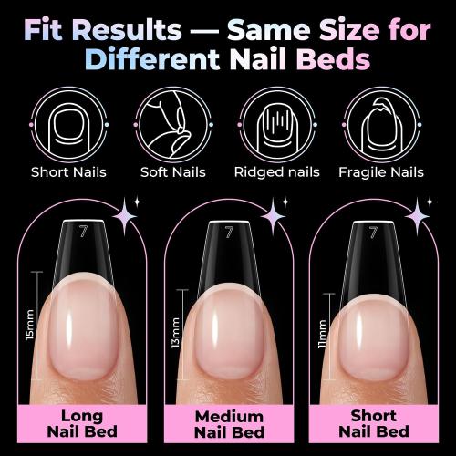 UNA GELLA Coffin Gel Nail Tips Medium Pre-Etched Full Cover 15 Sizes 300PCS