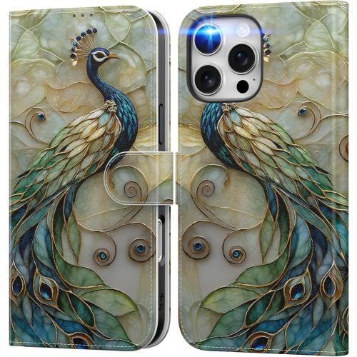 DEENAKIN for iPhone 16 Pro Wallet Case with Card Holder   Cash Clip, RFID-Blocking, Military-Grade Drop Protection & UV-Printed Artwork, Magnetic Closure with Leather Stand - Peacock and Flower