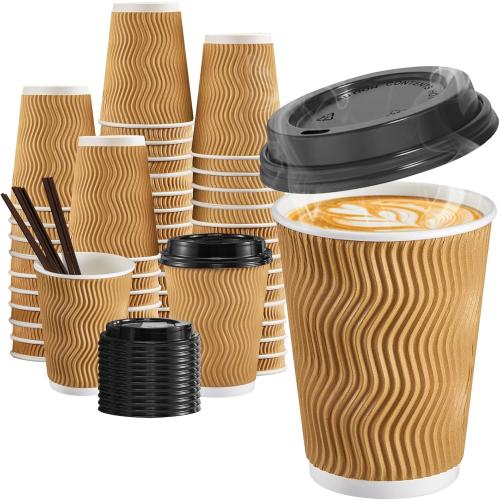 90 pack SIUQ 12 oz Coffee Cups-90 Pack Disposable Coffee Cups with Lids and Straws, Insulated Ripple Wall To Go Paper Coffee Cup for Coffee, Hot Chocolate and Hot Tea Drinks - Champagne
