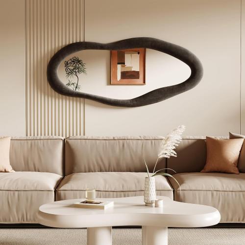 Honyee 55 x 24 Wavy Mirror, Flannel Wrapped Wooden Frame, Irregular Hanging for Cloakroom/Bedroom/Living Room, Black