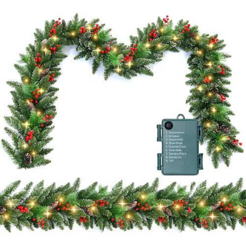 9ft Prelit Christmas Garland with Lights, Battery Operated Lighted Garland Pine Cones & Red Berries, Christmas Decoration for Mantle, Fireplace Indoor & Outdoor （Pine）