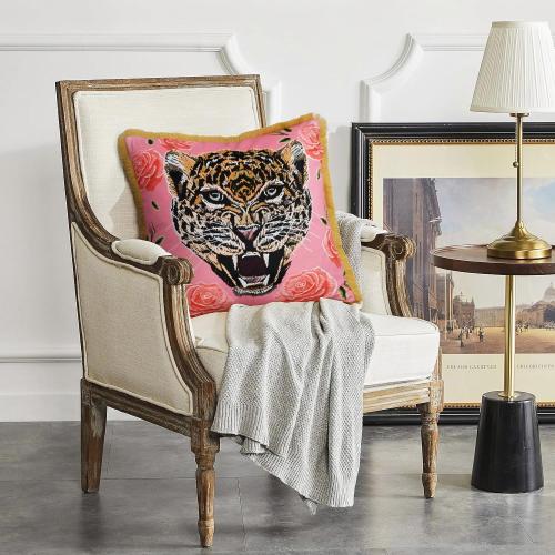 Tiger Floral Velvet Decorative Throw Pillow Cover 18x18 In Pink Pillow Covers Flower Animal Print Tiger Cushion Cover with Tassels Modern Decor Square Pillowcase for Sofa Couch Bedroom Living Room