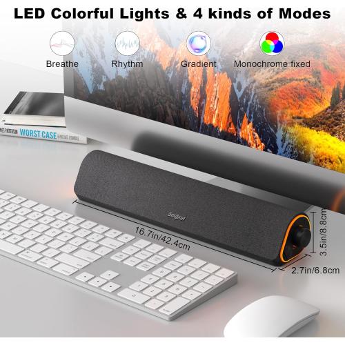 SOULION R50 Bluetooth Computer Speakers, 3.5mm PC Sound Bar for Desktop Monitor, Wired USB Powered & Colorful LED Lights with Switch Button, Surround Sound Soundbar PC Spearkers for Computer