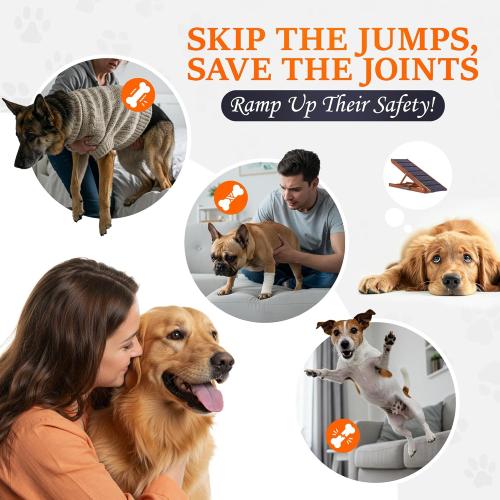 Adjustable Dog Ramp for Bed - Foldable Wooden Ramp for Dogs to Get on Bed, Couch, or Car - Ideal for Small, Medium, and Large Breeds (Walnut Wood with Grey Carpet)