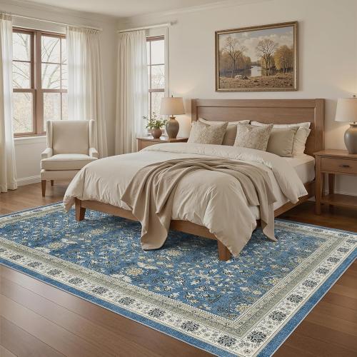 WITSHOCK Living Room Rug Vintage Distressed Oushak Boho Farmhouse Retro Antique, Dining Room Rugs for Under Table, Bedroom Nursery Playroom, Ultra Soft Non-Slip Washable Stain Resistance, Blue