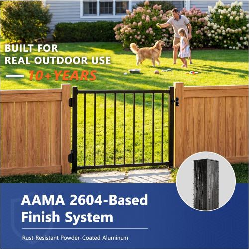 W.4ft x H.36in Aluminum Deck Gate Outdoor, Cuttable Porch Gate Kit with Latch and Auto-Closing Hinge, AAMA 2604–Grade Sand-Texture Black Outdoor Gate for Deck Railing Patios, Porch, Garden